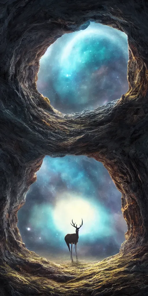 Image similar to an extreme long shot of a deer peering into a giant portal into the universe and galaxies in the shape of a keyhole to the nebulae and galaxies, beautiful matte painting by weta workshop 4 k, cinematic dramatic atmosphere, dramatic lighting, trending on artstation