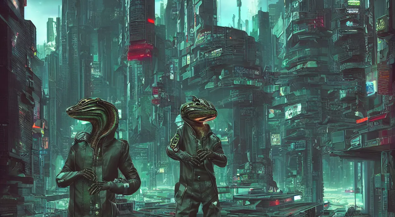 Image similar to Cyberpunk Alien chipmunk alligator hybrid in a dystopian city looking for trouble