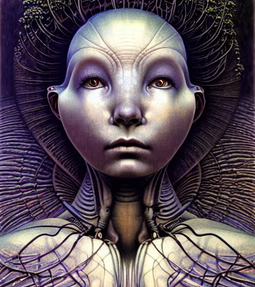 Image similar to detailed realistic beautiful young bjork alien robot as queen of mars face portrait by jean delville, gustave dore and marco mazzoni, art nouveau, symbolist, visionary, gothic, pre - raphaelite. horizontal symmetry by zdzisław beksinski, iris van herpen, raymond swanland and alphonse mucha. highly detailed, hyper - real, beautiful