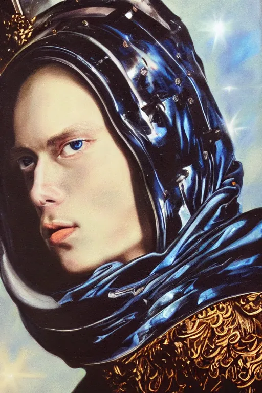 Image similar to hyperrealism oil painting, close - up portrait of caucasian medieval fashion model, knight, steel gradient mixed with nebula sky, in style of baroque mixed with 7 0 s japan book art