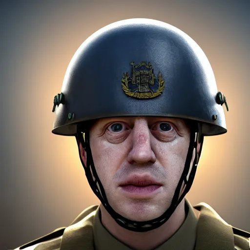 Image similar to boris johnson with military helmet on in kyiv, realistic, long shot, sunny lighting, octane render, gq magazine, hyper realistic, high quality, highly detailed, hd, beautiful, cinematic, 8 k, unreal engine, facial accuracy,