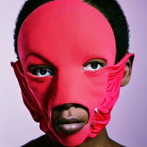 Image similar to realistic! photoshoot for a new balenciaga lookbook, color film photography, portrait of a beautiful woman wearing a balaclava mask, photo in style of tyler mitchell, fisheye lens