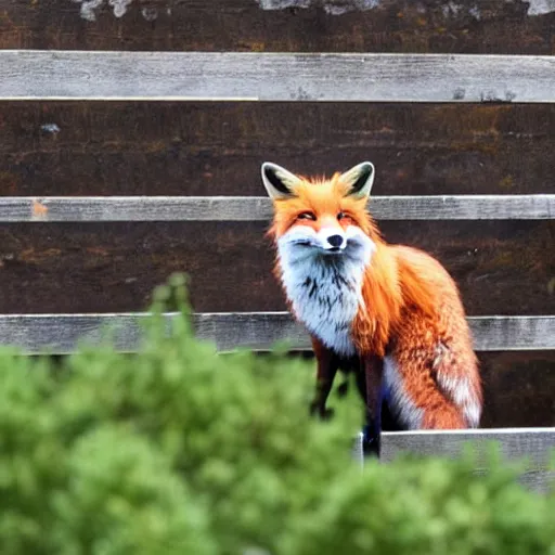 Prompt: one lone fox ontop a wooden fence