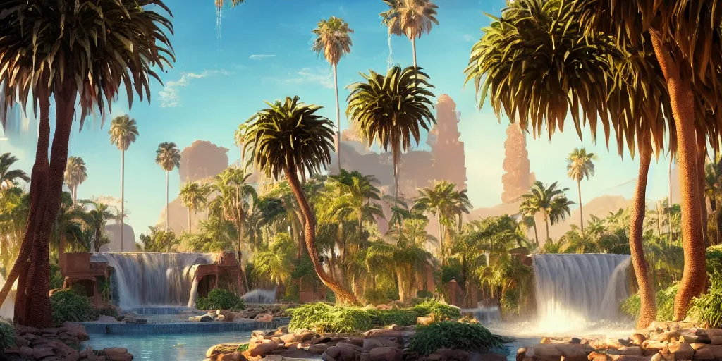 Image similar to beautiful oasis waterfalls surrounded by palm trees, Moroccan tile archways, date trees, ivory towers, sun setting, ross tran, nephilim, pyroclastic flow, ethereal, fantasy, James Jean, oozium, peter morbacher, angelarium, alchemy, luxury, heavenly light, Soft illumination, Trending on artstation, Cinematic Lighting, digital painting, octane render, artgerm