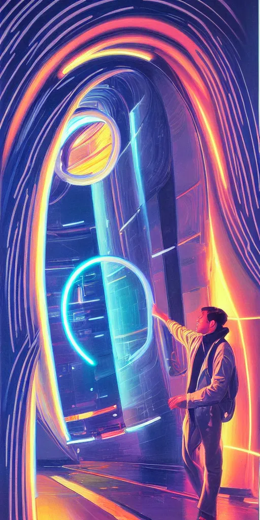 Prompt: a beautiful painting of a person walking out of a stargate by syd mead 8 k particulate neon light film grain