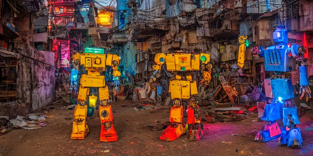 Image similar to colourful - damaged - giant mecha ROBOT of neon lit AJEGUNLE SLUMS of Lagos, markings on robot, Golden Hour,