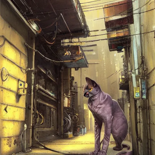 Image similar to a sphynx with robotic parts cat, in a cyberpunk alleyway by daniel gerhartz