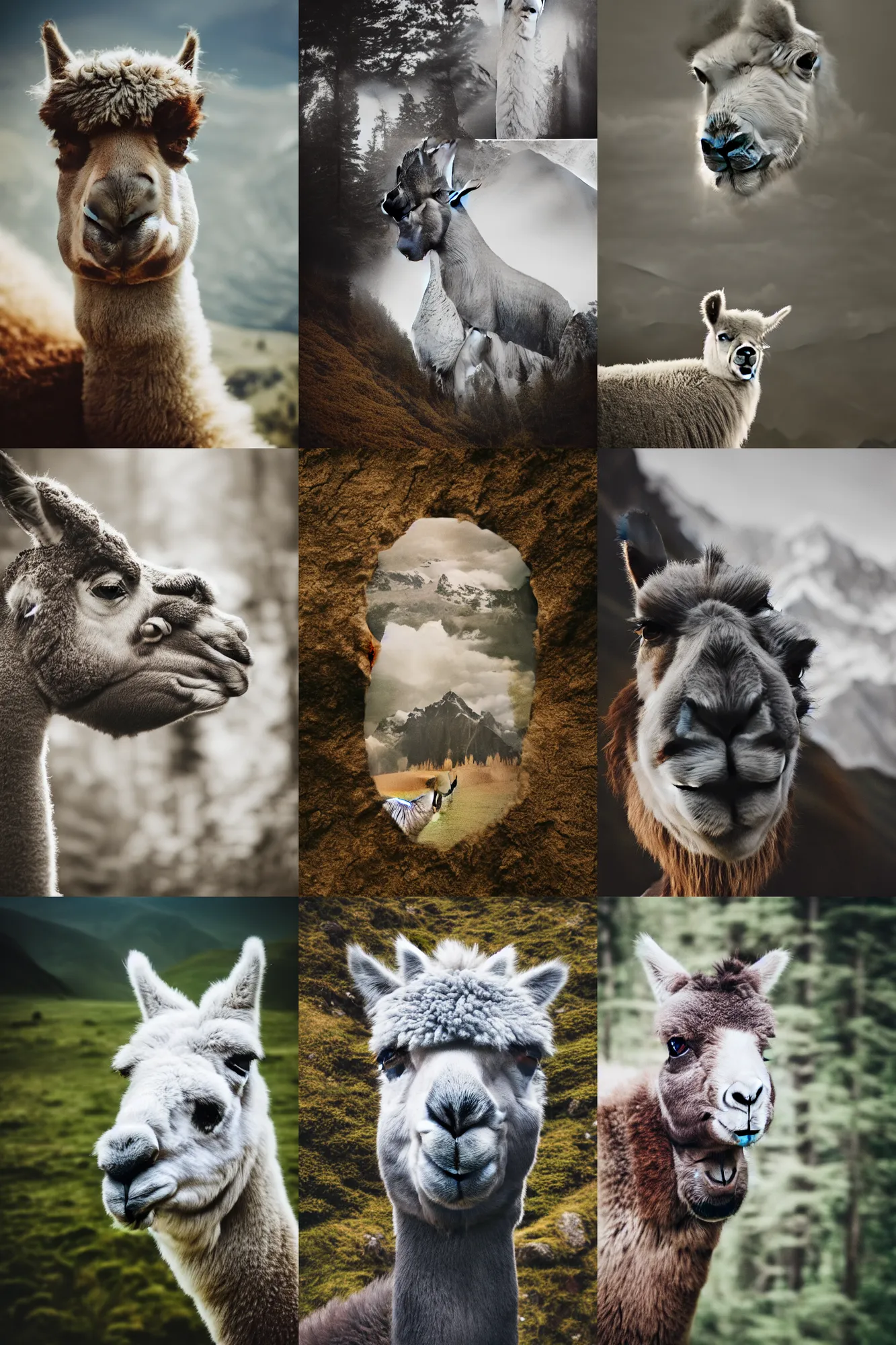 Prompt: Double exposure, soft light, soft focus, mountain scene in a llama face, double exposure effect, creative animal portrait, andes mountain forest, film photography