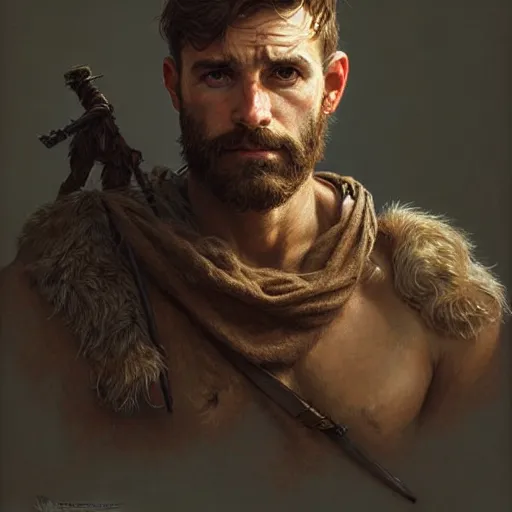 Image similar to portrait of a rugged ranger, upper body, hairy torso, D&D, fantasy, intricate, elegant, highly detailed, digital painting, artstation, concept art, matte, sharp focus, illustration, art by Artgerm and Greg Rutkowski and Alphonse Mucha