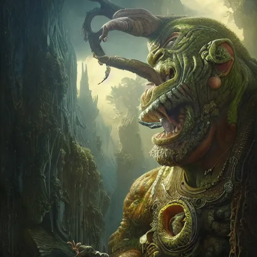 Image similar to a hyperrealistic illustration of a mix of an oger and giant and goblin, 8 k ultra realistic creature, detailed intricate, with fractal sunlight, award - winning, masterpiece, in the style of tom bagshaw, cedric peyravernay, peter mohrbacher