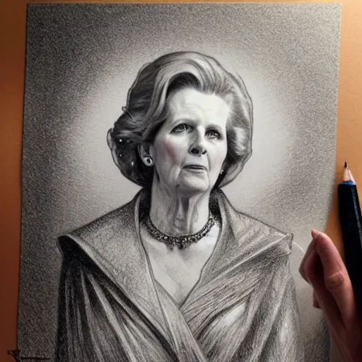 Image similar to beautiful lifelike award winning pencil illustration of margaret thatcher on a guillotine trending on art station artgerm greg rutkowski alphonse mucha museum quality cinematic atmospheric