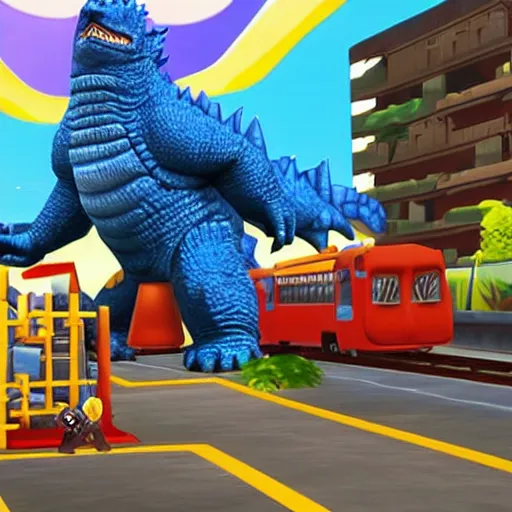 Prompt: Godzilla as a playable character in Subway Surfers, in-game screenshot