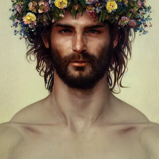 Image similar to portrait of the god of the meadow, 30 years old, meadow, flower crown, rugged, male, gorgeous, detailed face, amazing, hairy torso, muscular, intricate, highly detailed, digital painting, artstation, concept art, sharp focus, illustration, art by greg rutkowski and alphonse mucha