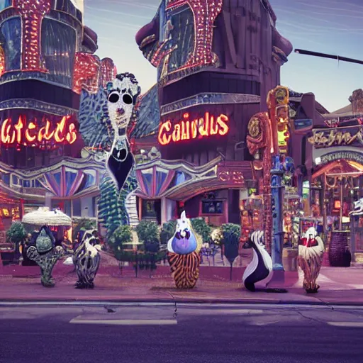 Image similar to gothic style Las Vegas in 1973, chicken heads Elvis body, anthropomorphic Elvis chickens roaming the streets and driving Cadillacs, bright light city, high octane, 8k vray render, subsurface scatter, drum scanner, intricate complexity, cinematic quality