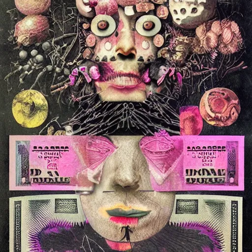 Prompt: post - punk new age album cover, asymmetrical design, frame of a dollar bank notes, abstract collage, capitalism, magic, apocalypse, psychedelic, black white pink, magic, giger h. r., giuseppe arcimboldo