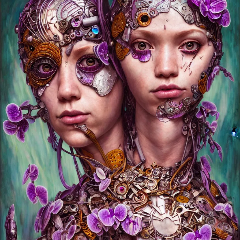 Prompt: alexa demie as a fae cyborg warrior, orchid, portrait face, colorful, kupka, intricate, miles johnston, kuroda seiki, ozabu, godward, painterly, yoshitaka amano, moebius, miles johnston, louise zhang, james jean, mark ryden lowbrow pop surrealism art style, 4 k,