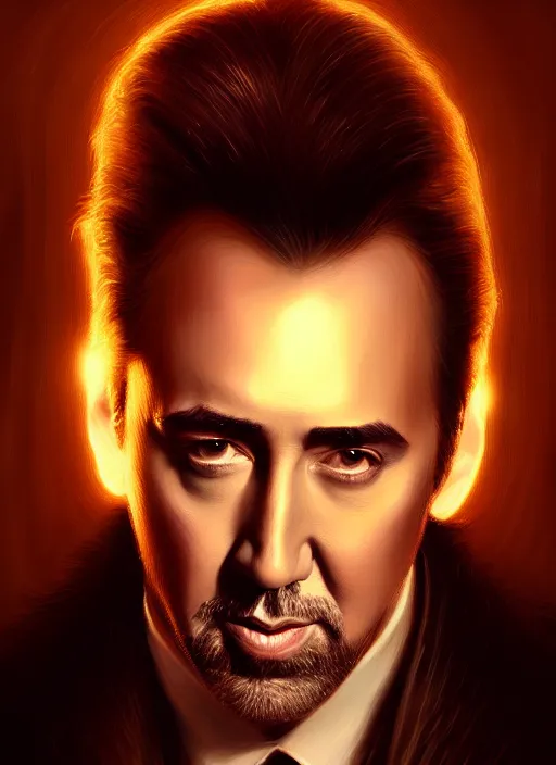 Image similar to portrait of nicholas cage, intricate, elegant, glowing lights, highly detailed, digital painting, artstation, glamor pose, concept art, smooth, sharp focus, illustration, art by artgerm and greg rutkowski, artey freytag