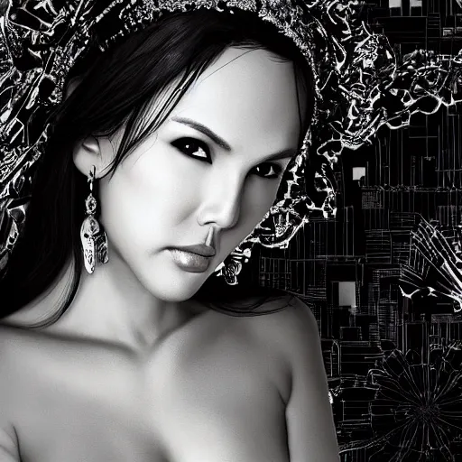Image similar to Maria Ozawa as the Goddess of Exacto blades looking at you intensely with seductively serious eyes while wearing a head covering. ultra detailed painting at 16K resolution and epic visuals. epically surreally beautiful image. amazing effect, image looks crazily crisp as far as it's visual fidelity goes, absolutely outstanding. vivid clarity. ultra. iridescent. mind-breaking. mega-beautiful pencil shadowing. beautiful face. Ultra High Definition. frosted.