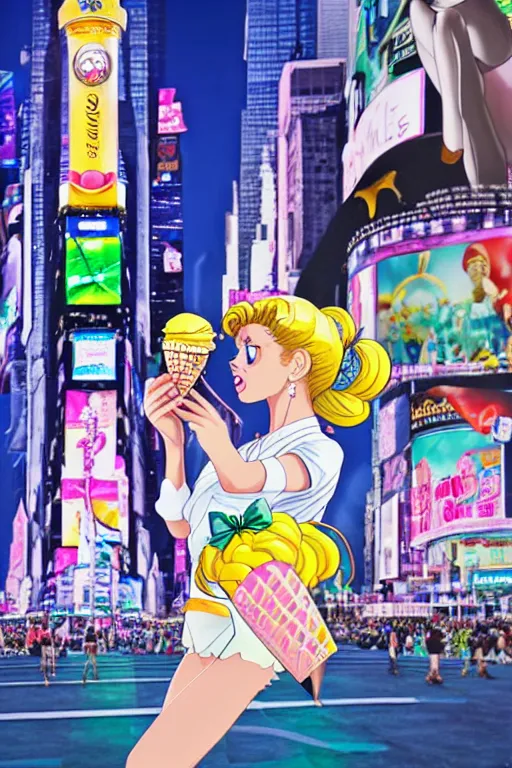 Image similar to Sailor Moon eating an ice-cream cone with green ice-cream, walking down New York Time Square, high detail, realistic