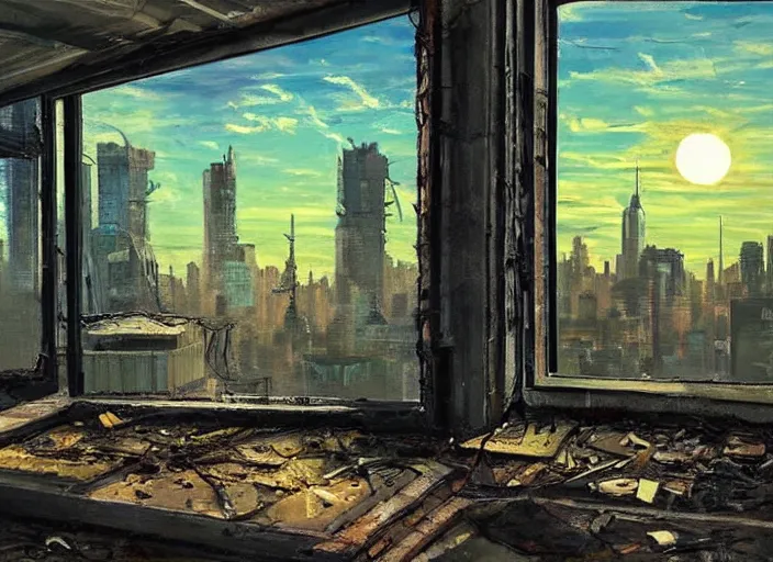 Prompt: seen through a window, decrepit new york, post apocalyptic cityscape after a nuclear war, beautiful radioactive sunset lighting, beautiful painting, fallout