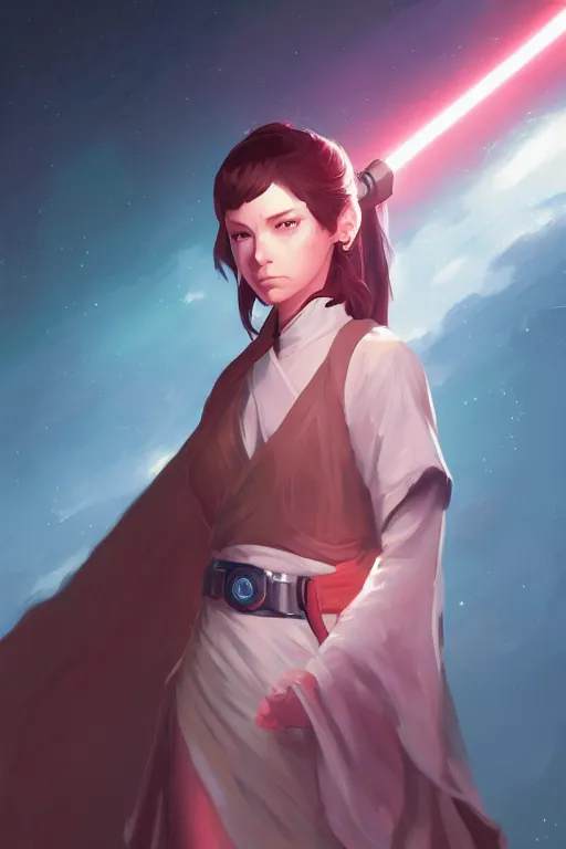 Prompt: a portrait of a cute female jedi, star wars setting, vivid colors, soft lighting, atmospheric, cinematic, moody, in the style of ilya kuvshinov and range murata, krenz cushart, oil on canvas, 8 k