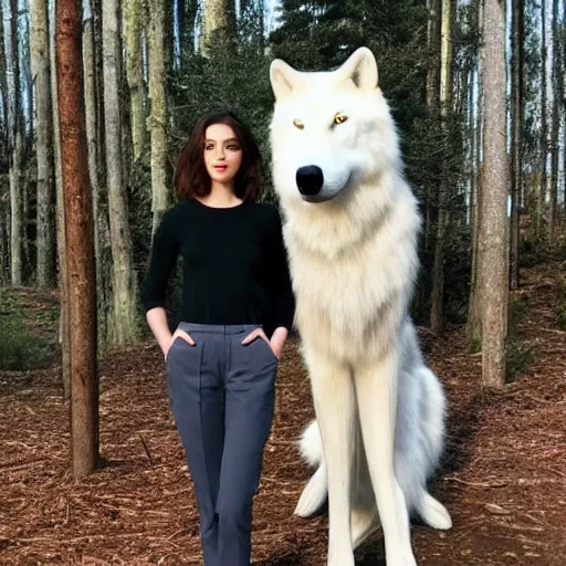 Image similar to adelaide kane standing next to a large white wolf in a forest