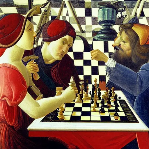 Image similar to highly detailed painting of levy rozman playing chess, sandro botticelli