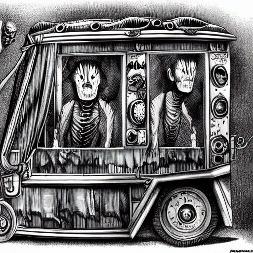 Prompt: an evil and grotesque school bus. h. r. giger, h. p lovecraft, surrealism