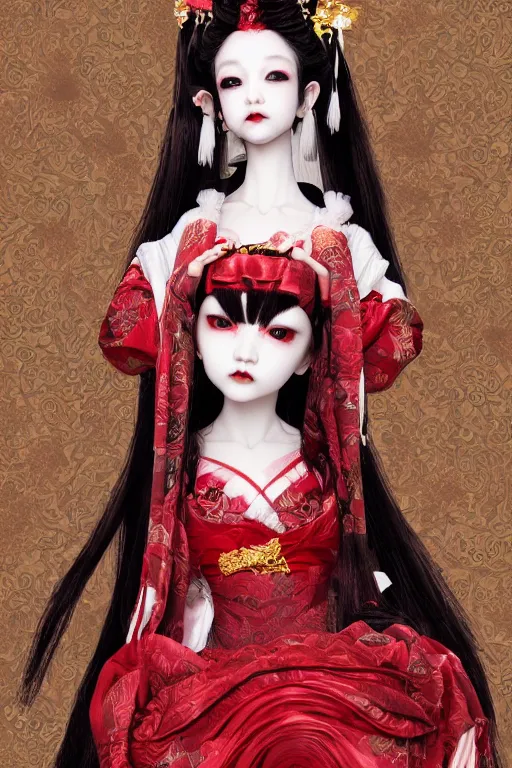 Prompt: high angle photo an avant - garde japanese bjd geisha vampire queen in a victorian red dress in the style of lovecraftian horror lolita fashion painted by yoshitaka amano, takato yamamoto, ayami kojima, dmt art, symmetrical vogue face portrait, intricate detail, artstation, cgsociety, artgerm, gold skulls, rococo