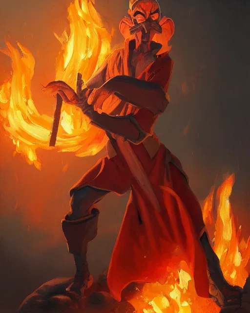 Image similar to [ [ squidward ] ] wearing fire nation clothing and practicing firebendingoutside at susnset, oil painting, highly detailed, intricate, hd, sharp focus, photorealistic, by moebius and greg rutkowski, trending on artstation, trending on cgsociety, realistic shading and lighting