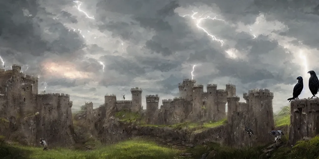 Prompt: A group of Ravens sit on a castle ramparts, dark fantasy, stormy sky, lightning, digital art by Greg Rutkowski and Studio Ghibli