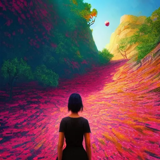 Image similar to giant cherry blossom flower as a head, girl walking in a canyon, surreal photography, sunrise, dramatic light, impressionist painting, colorful clouds, digital painting, artstation, simon stalenhag