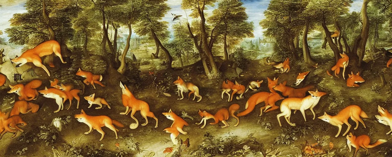 Image similar to A group of foxes and wolves running through the forest, masterwork painting by Jan Brueghel the Elder