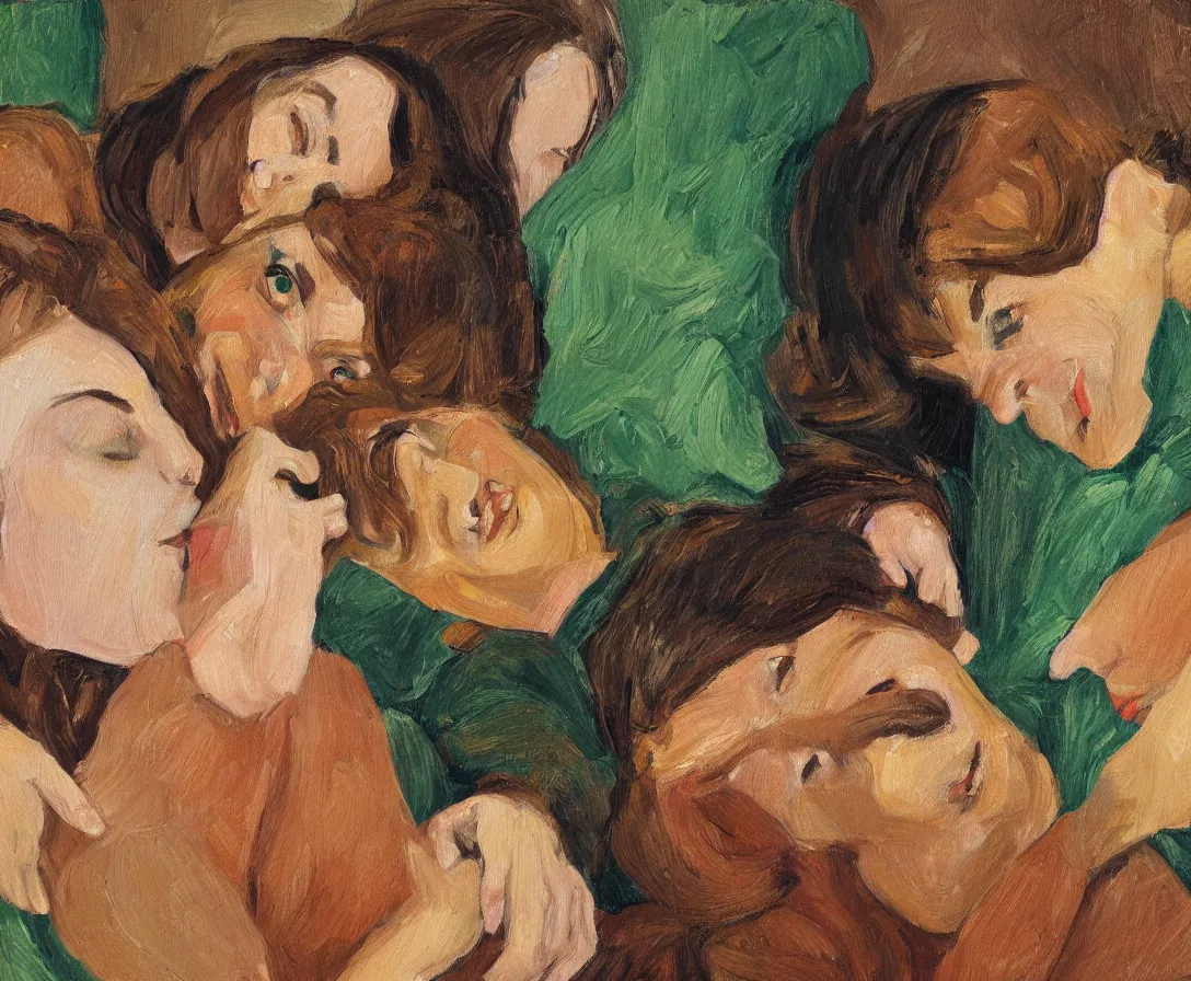 Image similar to close up portrait of pretty bella and esther with brown hair lying horizontal next to each other, in an old english apartment on a brown leather sofa. one is wearing a dark blue sweather, the other a white shirt. close up. in the style of lucien freud. oil painting. green light. thick colorful brush strokes. smiling