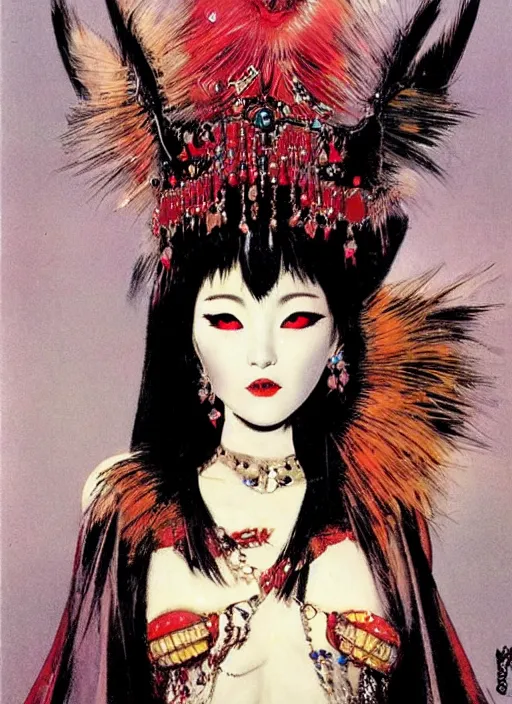 Image similar to female korean vampiress, jeweled headdress, heavy mascara, strong line, saturated color, beautiful! coherent! by frank frazetta, high contrast, minimalism