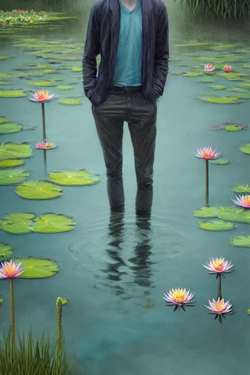 Prompt: light teal portrait of a tall, young adult man in his 20s in the rain on pond with waterlilies, fantasy, intricate, elegant, dramatic lighting, emotionally evoking symbolic metaphor, highly detailed, lifelike, photorealistic, digital painting, artstation, concept art, smooth, sharp focus, illustration, art by John Collier and Albert Aublet and Krenz Cushart and Artem Demura and Alphonse Mucha