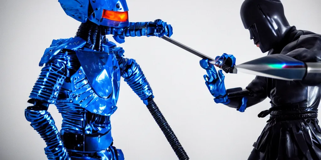 Prompt: a photo of cyborg samurai slashing a training dummy with a blue katana, futuristic, holographic, 8k, sharp focus, fujifilm