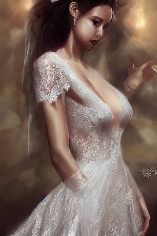 Prompt: Beauty in tight Wedding Dress with lace portrait by Artgerm and WLOP on pixiv