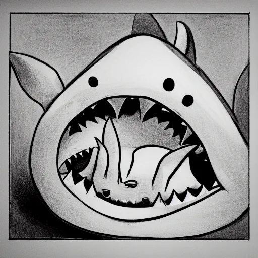 Image similar to happy shark going to work, pencil sketch, black and white