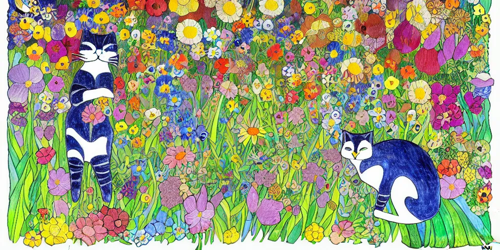 Image similar to cat playing in a garden of flowers, a mix media painting by laurel burch and Leonardo da Vinci and Natalia Goncharova, cluttered , child's drawing, art by Studio Ghibli, anime, thick black lineart