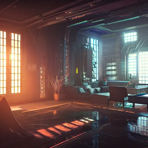 Image similar to A photograph of interior of cyberpunk mansion set in a cyberpunk utopia. Highly detailed, 8k wallpaper, HDR, concept art, unreal engine 5, 4k, 8k, ray tracing, bloom, lens flare