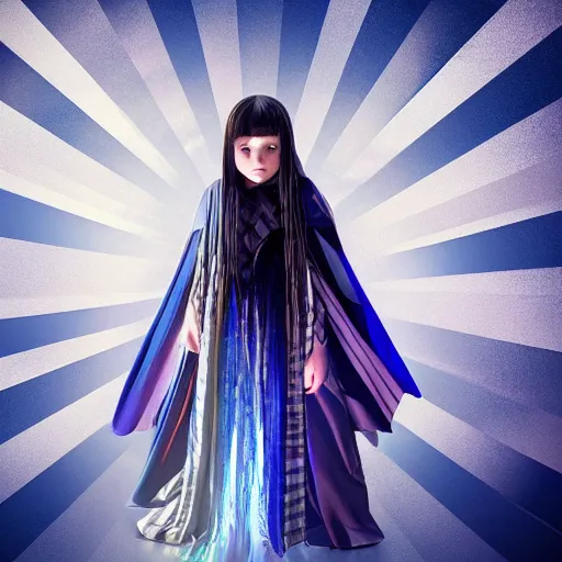 Prompt: mysterious girl child with her long black hair dressed in a chequered robe, chequered cape, carrying blue very big magical symmetrical crystal, epic scene, atmospheric, surrounded by magical light, digital art, hd, 4 k, hyper detailed