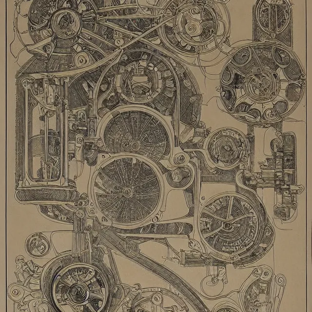 Prompt: beautiful, symmetric, art nouveau, detailed, intricate technical drawings on parchment from 1 8 4 0 with extensive written labels and covered in scribbled pencil notes in open space, for a mechanical art creation drawing robot, by ron cobb and alphonse mucha