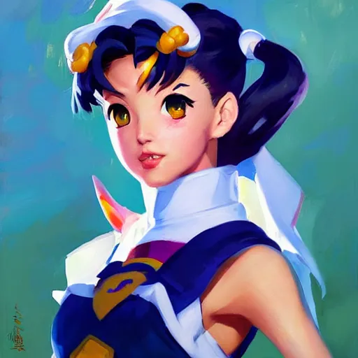 Image similar to greg manchess portrait painting of sailor moon as overwatch character, medium shot, asymmetrical, profile picture, organic painting, sunny day, matte painting, bold shapes, hard edges, street art, trending on artstation, by huang guangjian and gil elvgren and sachin teng