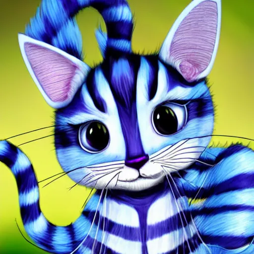 Image similar to cute blue striped cheshire cat. an adorable cat with light blue stripes, blue eyes and a mischievous smile. stunning digital art by eva balloon. fluffy, soft