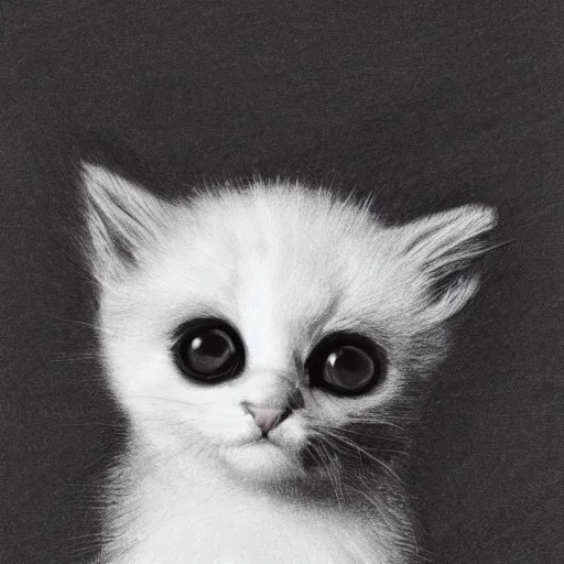 Image similar to black and white drawing of a baby kitten, floating head, white background