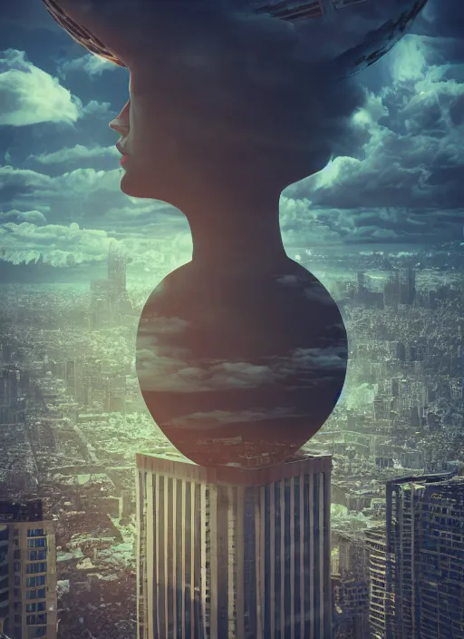 Image similar to megalophobia realistic photo of a hyper - dimensional head floating above a city, stylistic painting, dramatic lighting, dynamic composition, octane render, 4 k, 8 k