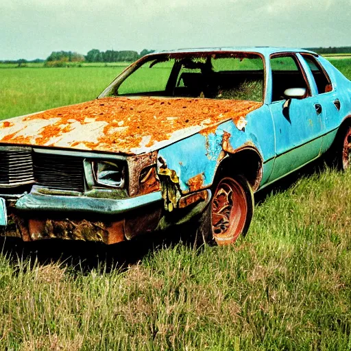 Image similar to A long shot photograph of a rusty, worn out, broken down, decrepit, run down, dingy, faded, chipped paint, tattered, beater 1976 Denim Blue Dodge Aspen in a farm field, photo taken in 1989