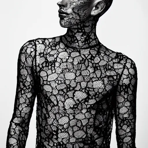 Prompt: a portrait of a beautiful young male wearing an alexander mcqueen bodysuit made of silver lace , photographed by andrew thomas huang, artistic