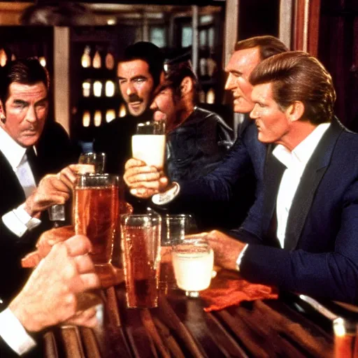 Prompt: Pierce Brosnan, Sean Connery, Daniel Craig, Roger Moore, Timothy Dalton and George Lazenby sitting in an Irish pub drinking beers and laughing